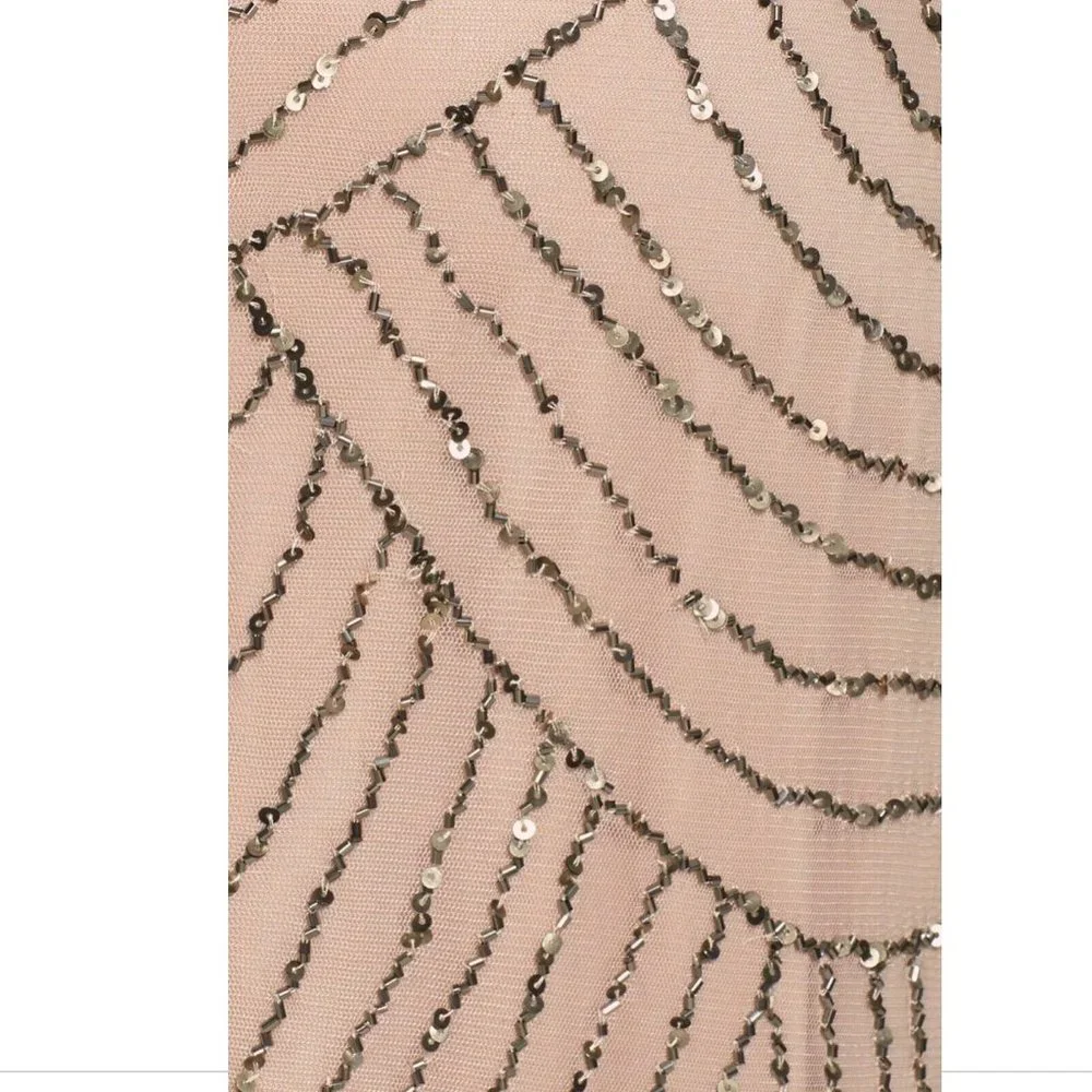 NEW $260 Adrianna Papell Art Deco‎ Beaded Blouson Gown in Taupe Pink [SZ 12P ]